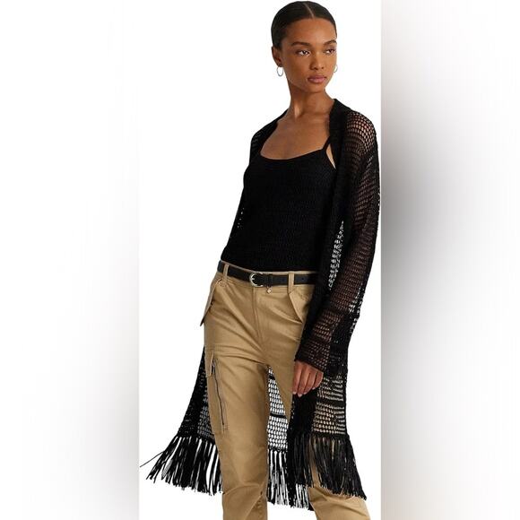 Lauren Ralph Lauren Black Pointelle-Knit Linen-Blend Cardigan - Picture 1 of 13